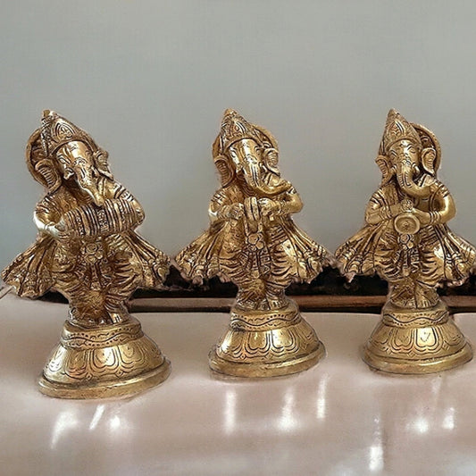 Pure Brass Set of 6 Musician Ganesha Idols Showpieces | Handcrafted Decor 6 inch - Budhshiv.com