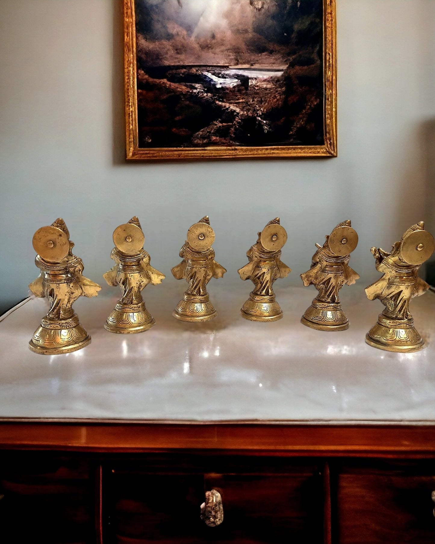 Pure Brass Set of 6 Musician Ganesha Idols Showpieces | Handcrafted Decor 6 inch - Budhshiv.com