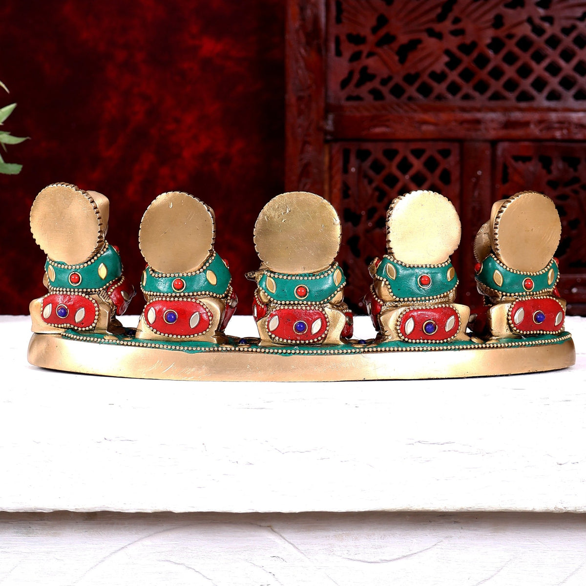 Pure Brass Set of Five Musical Ganesha – Showpiece & Gift for Loved Ones 11 inch wide with meenakari - Budhshiv.com