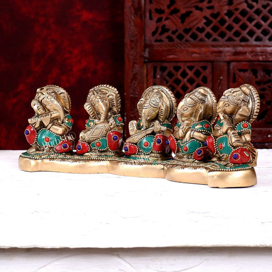 Pure Brass Set of Five Musical Ganesha β Showpiece & Gift for Loved Ones 11 inch wide with meenakari - Budhshiv.com