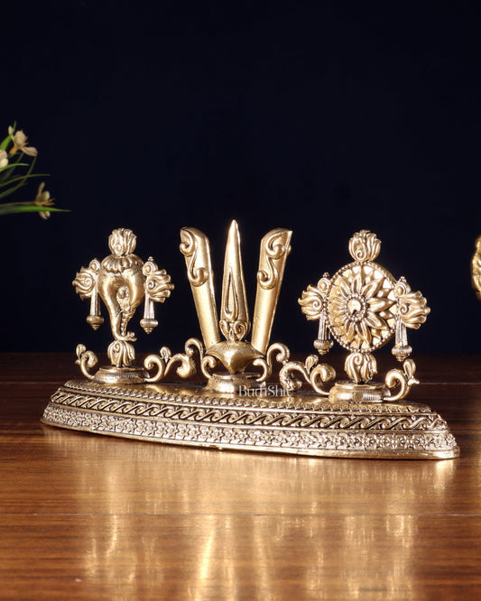 Pure Brass Shankh Chakra Namah Idol – 4" x 8" - Budhshiv.com