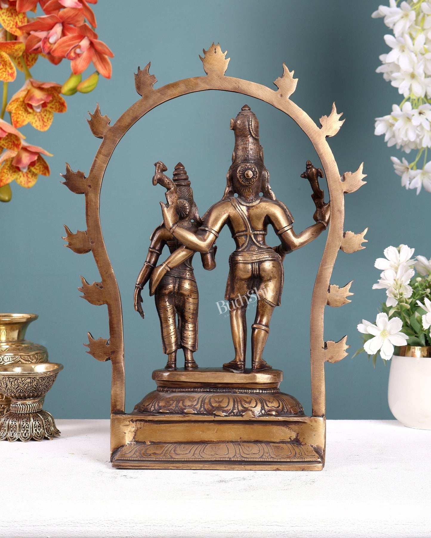 Pure Brass Shiv Parvati Idol standing Antique Chola Style - 14" Height - Budhshiv.com
