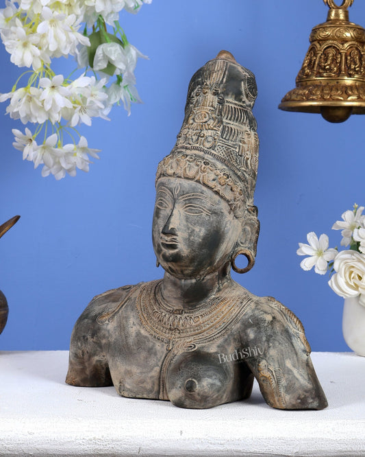 Pure Brass Shiva Parvati Ardhanarishwar Bust Sculpture – Vintage Stone Finish 12.25 inch - Budhshiv.com
