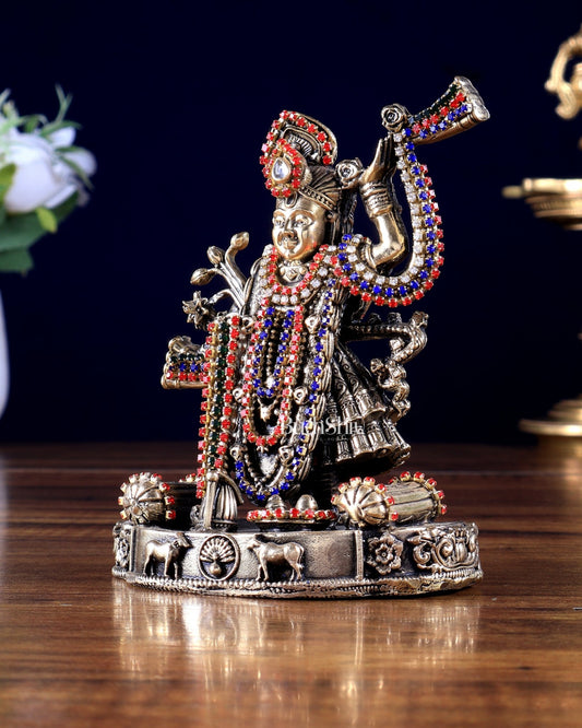 Pure Brass Shreenath Ji Idol 4"jewellery work - Budhshiv.com