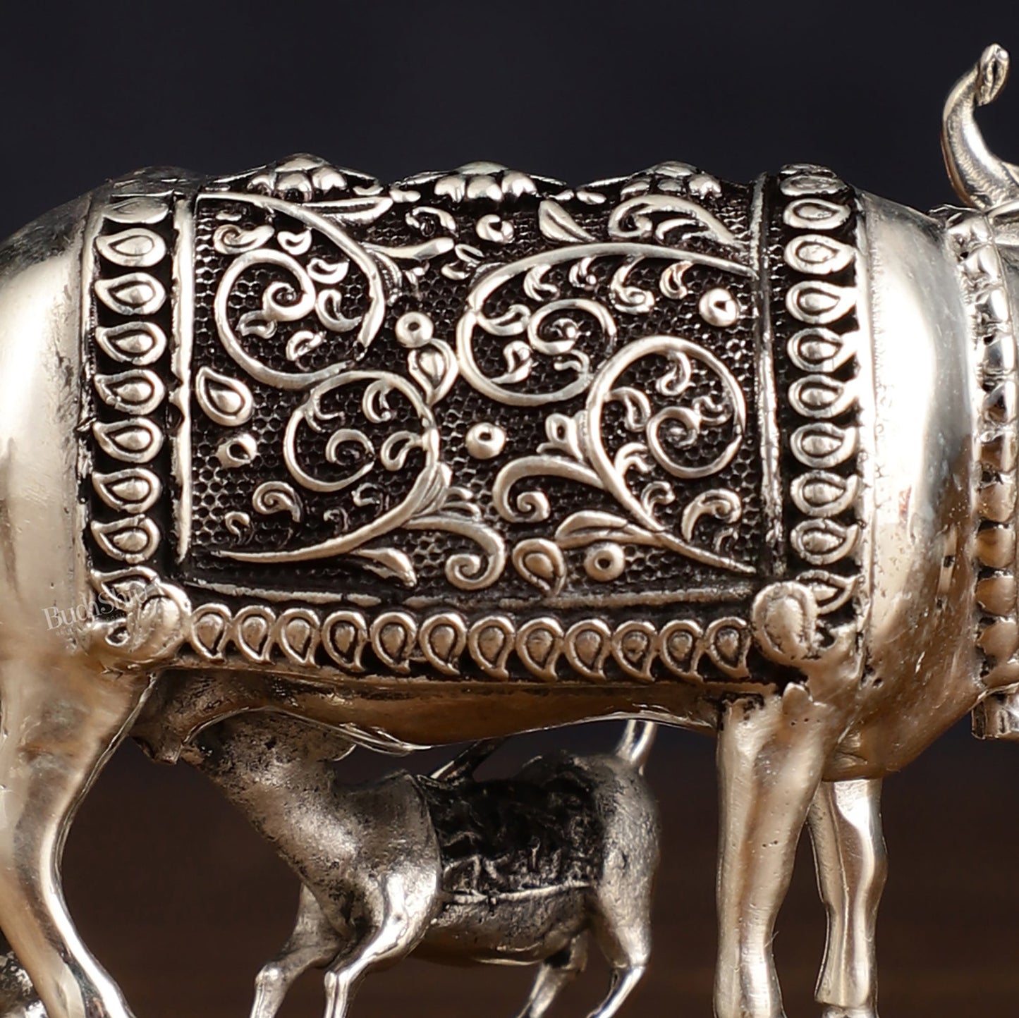 Pure Brass Silver Plated Kamdhenu Cow with Calf Idol - 3" - Budhshiv.com