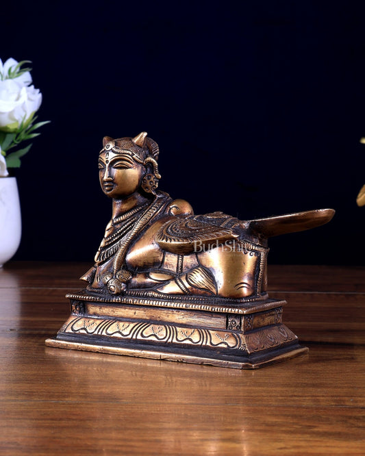 Pure Brass Sitting Kamdhenu Cow with Wings antique finish - Budhshiv.com