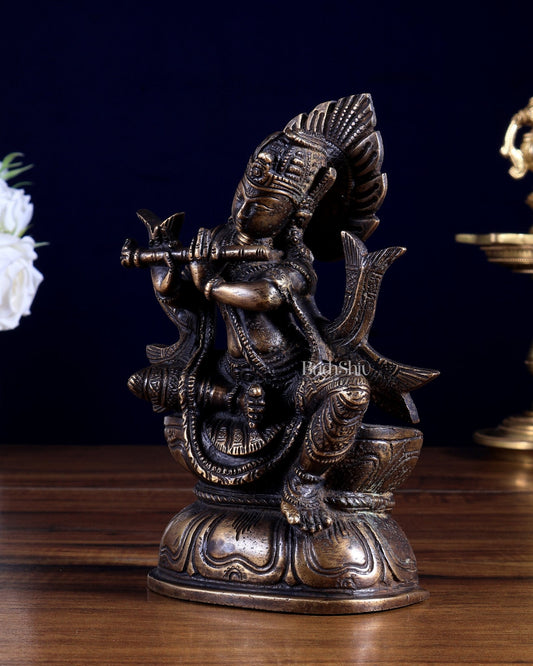 Pure Brass Sitting Lord Krishna Idol 6.5 inch - Budhshiv.com