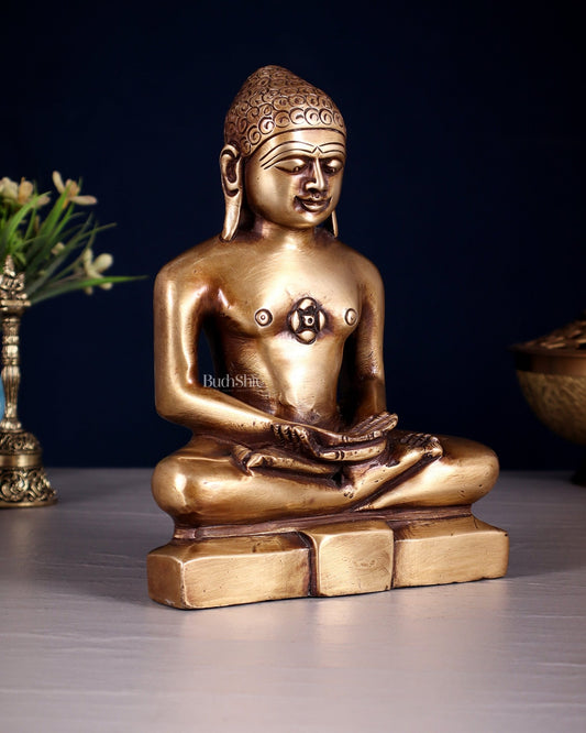 Pure Brass Solid Mahavir Swamy Jain God Idol 7" - Budhshiv.com