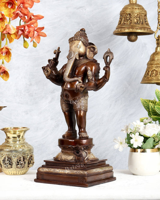 Pure Brass Standing Ganesha Sculpture dual tone 18 inch carved trunk - Budhshiv.com