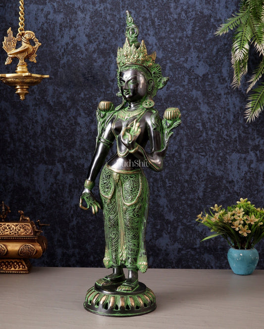 Pure Brass Standing Goddess Tara Idol – Dual Tone black & green Finish 19.5" - Budhshiv.com