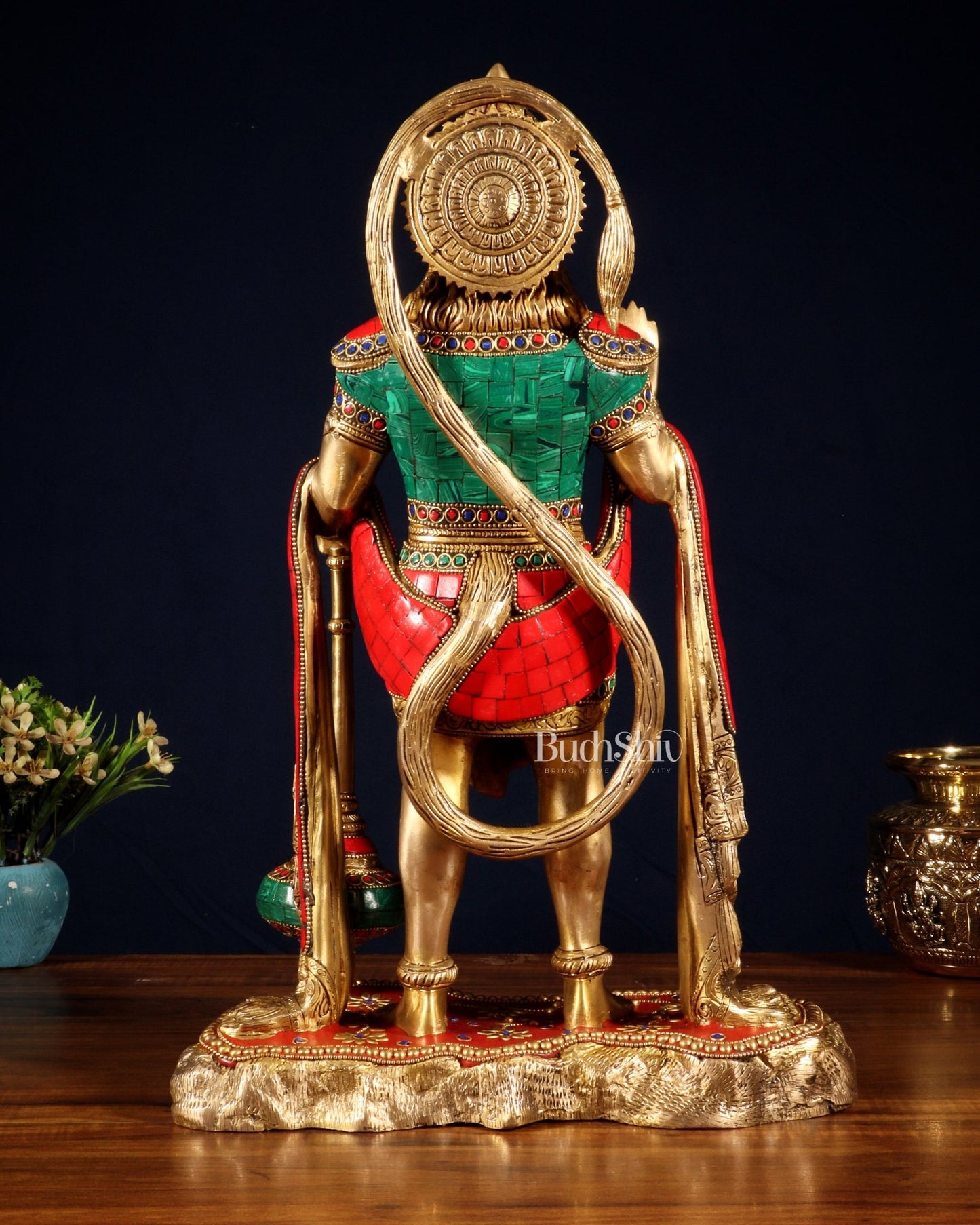 Pure Brass Standing Hanuman Statue - 18" meenakari Stonework - Budhshiv.com