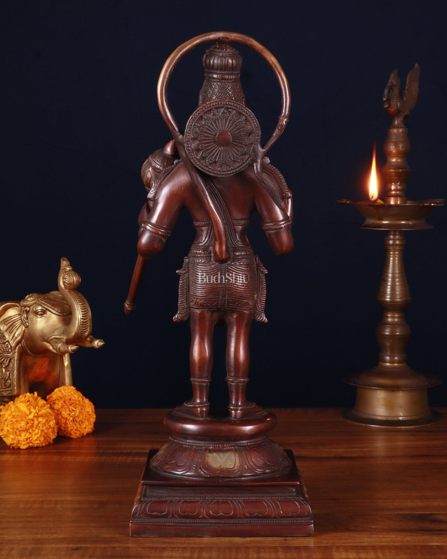 Pure Brass Standing Lord Hanuman Statue – brown Gold Finish, 14.5 Inch - Budhshiv.com