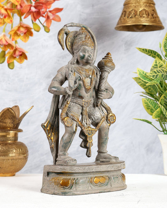 Pure Brass Standing Lord Hanuman Statue sand finish 11 inch - Budhshiv.com