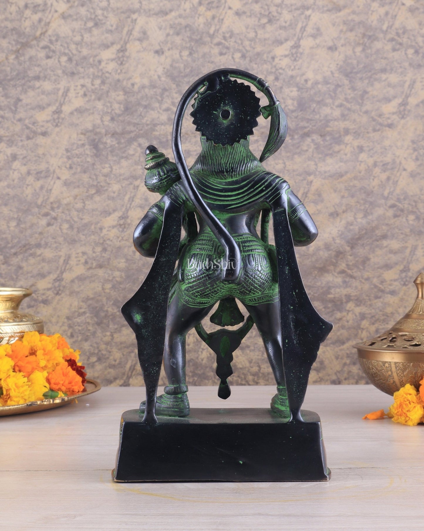 Pure Brass Standing Lord Hanuman Statue with Black and Green Tone 11 inch - Budhshiv.com