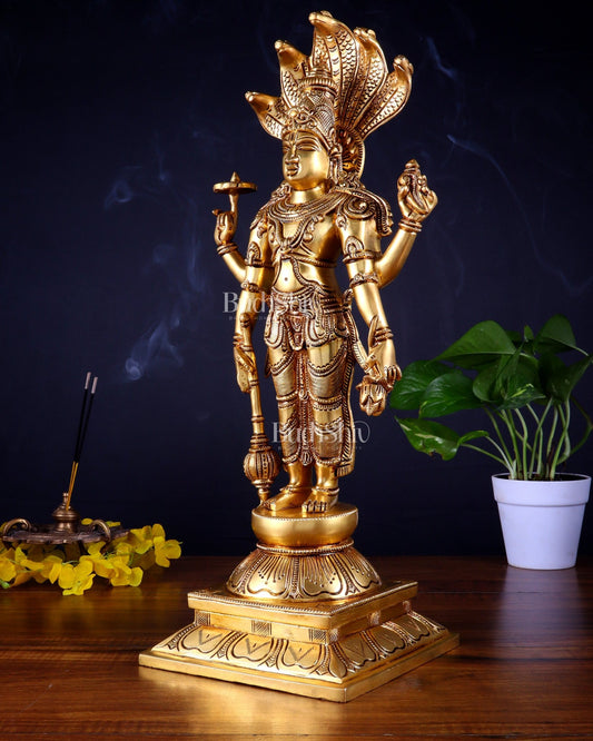 Pure Brass Standing Lord Vishnu with Sheshanaag – Highly Detailed Statue 18 inch - Budhshiv.com