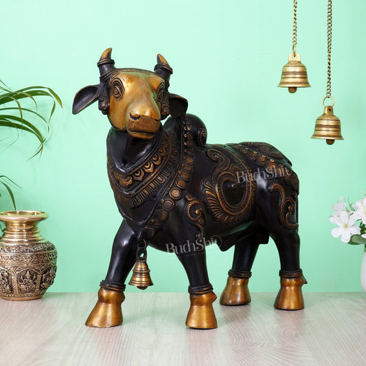 Pure Brass Standing Nandi Fully Engraved Sculpture 14" black edition - Budhshiv.com