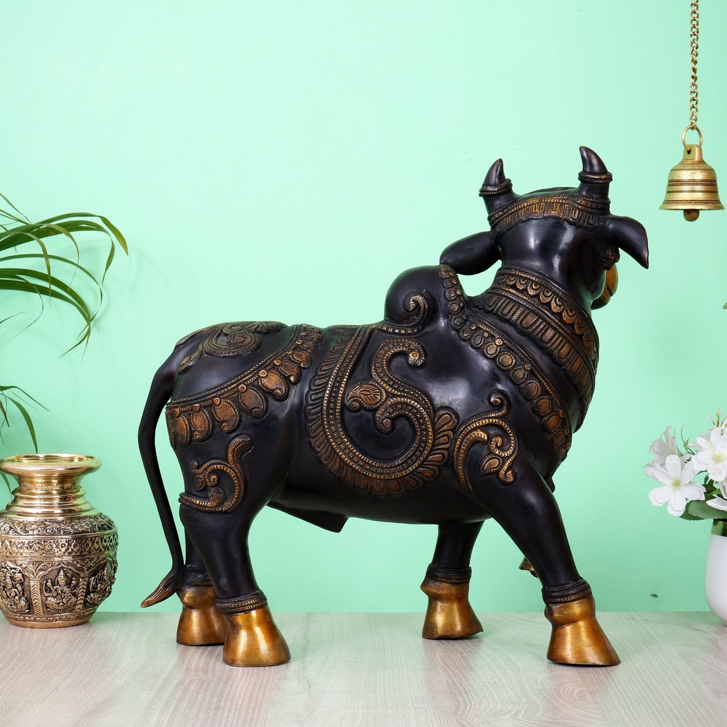 Pure Brass Standing Nandi Fully Engraved Sculpture 14" black edition - Budhshiv.com