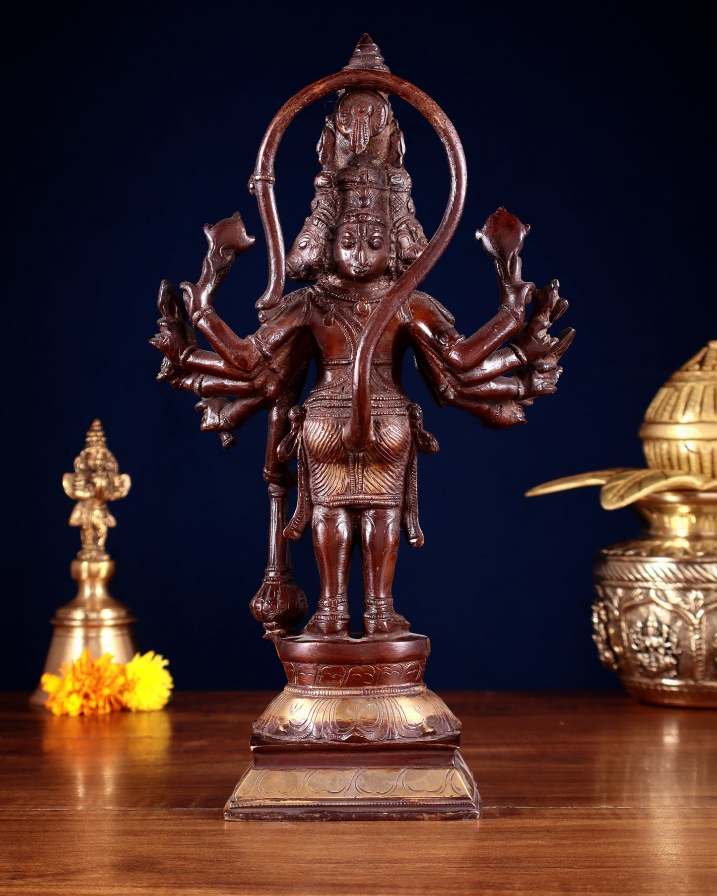 Pure Brass Standing Panchmukhi Hanuman Idol – Double Chola Finish 12 inch - Budhshiv.com