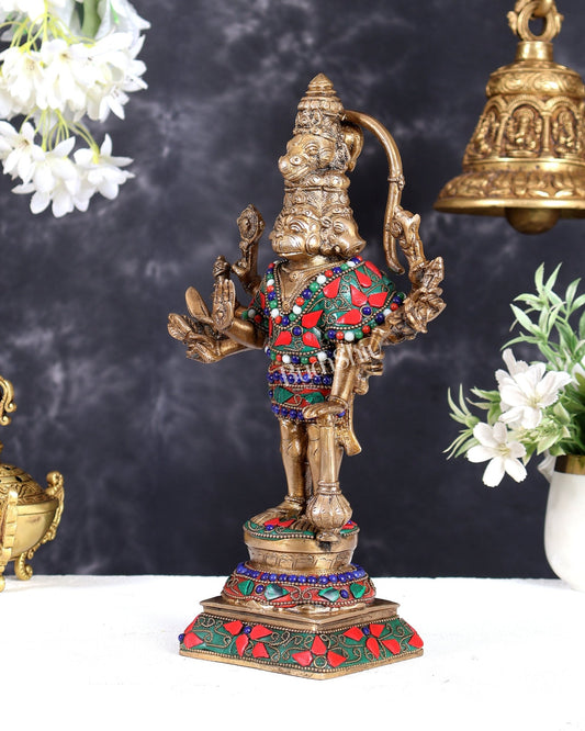 Pure Brass Standing Panchmukhi Hanuman Idol Floral stonework 12" - Budhshiv.com