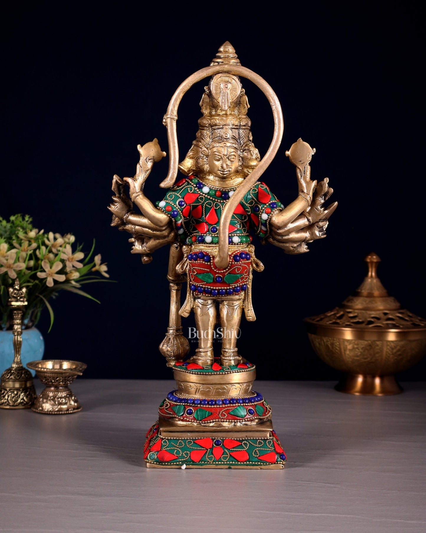 Pure Brass Standing Panchmukhi Hanuman Idol Floral stonework 12" - Budhshiv.com