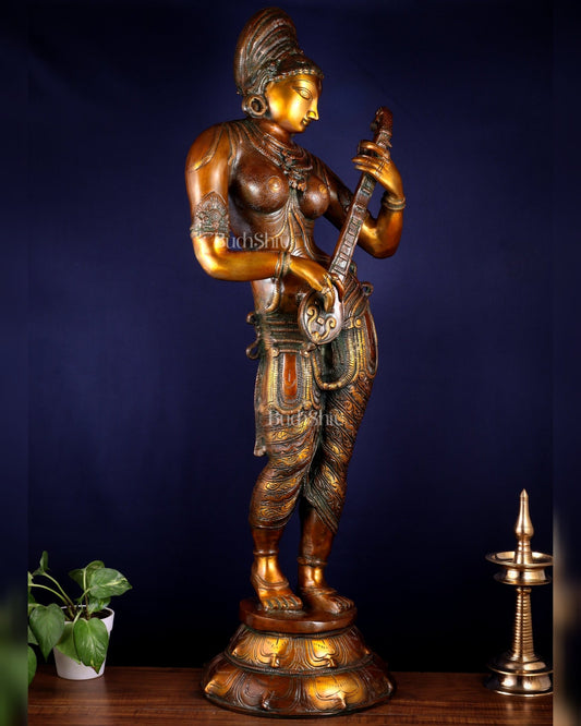 Pure Brass Standing Saraswati Statue – Unique Chola Style 35 inch - Budhshiv.com