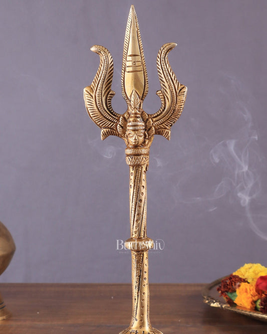 Pure Brass Standing Trishul with Intricate Carvings – 10" Decorative Piece - Budhshiv.com