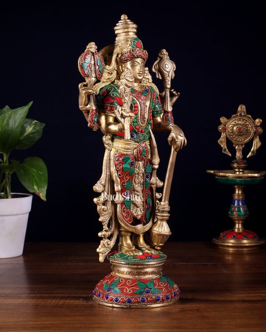 Pure Brass Standing Vishnu Statue with Meenakari Stonework – 12 Inch - Budhshiv.com