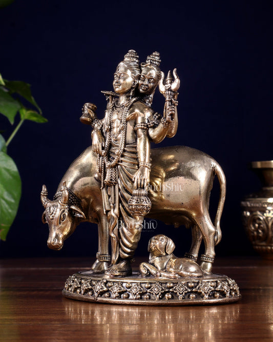 Pure Brass Superfine Dattatraya with cow and dog Idol - Lightweight Hollow Casting, 5.5" - Budhshiv.com