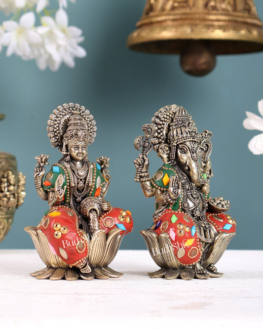 Pure Brass Superfine Ganesha Lakshmi Idol Set – Available in 4, 5, 6 & 8 Inches multicolour - Budhshiv.com