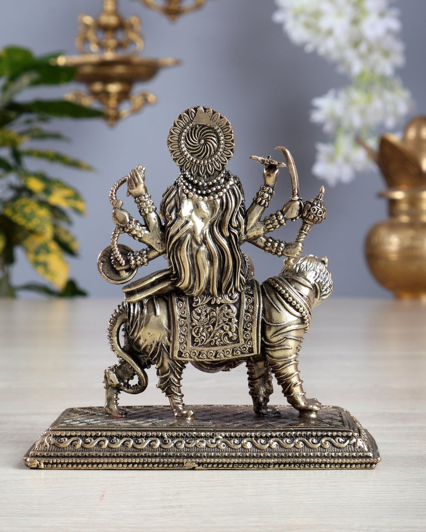 Pure Brass Superfine Goddess Durga on Tiger Idol 4.5 inch - Budhshiv.com