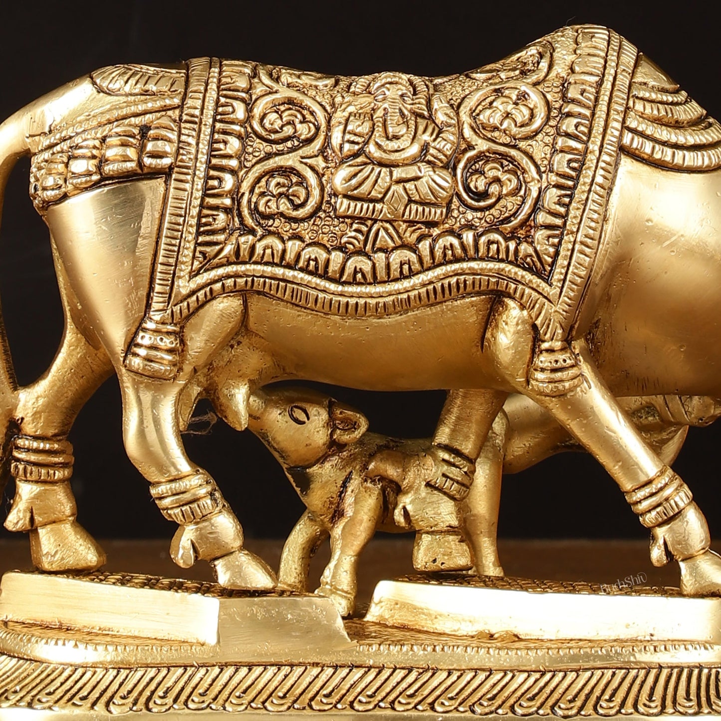 Pure Brass Superfine Kamdhenu Cow with Calf Idol - 7" Divine Sculpture - Budhshiv.com