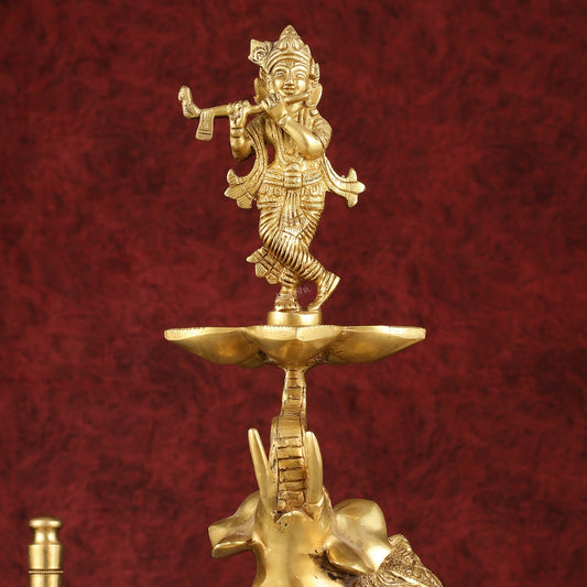 Pure Brass Superfine Krishna on jumping Elephant Oil Lamp/Vilakku - 16" - Budhshiv.com