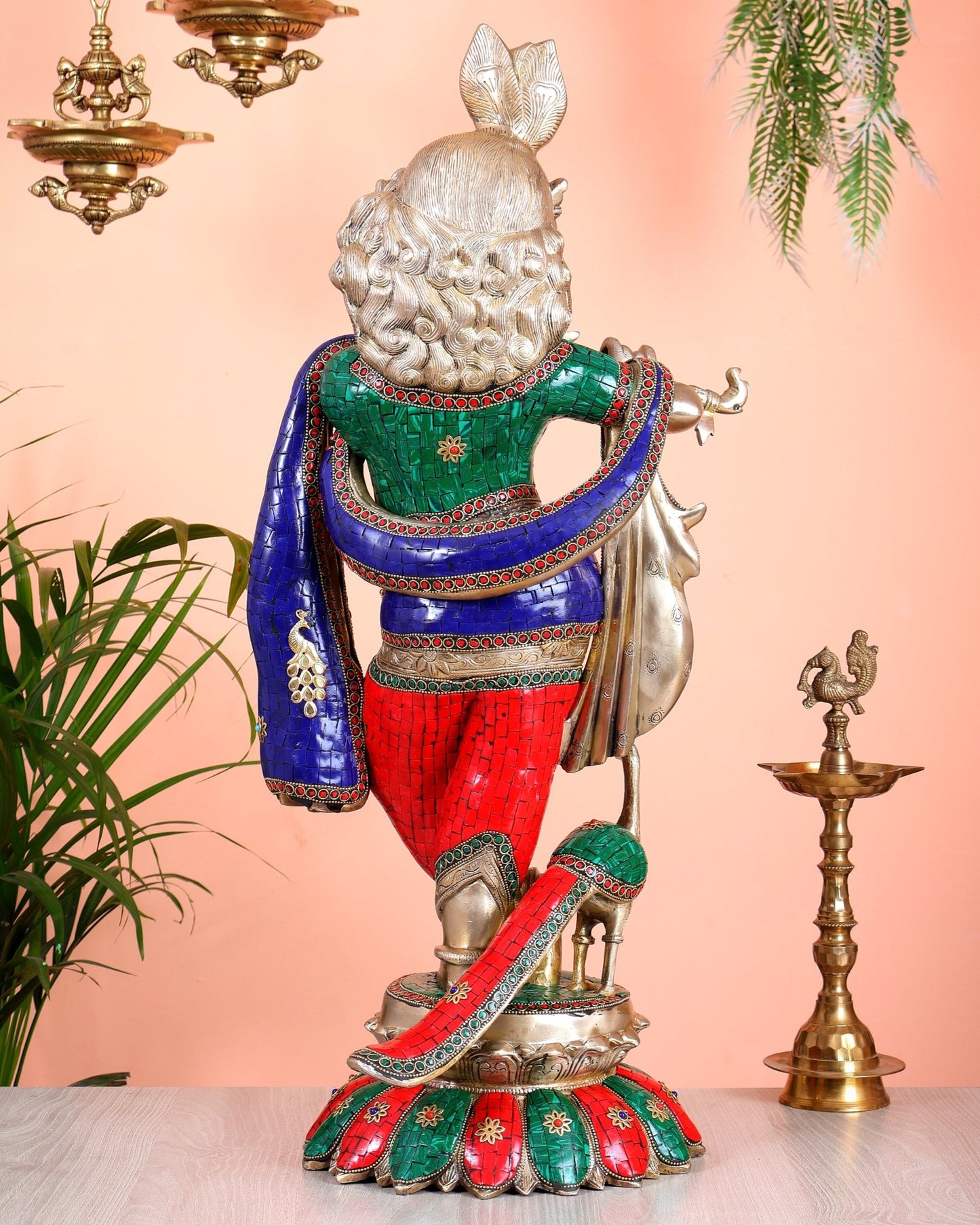 Pure Brass Superfine Krishna Statue with Peacock | Smiling Face | 27" advanced peacock Stonework - Budhshiv.com