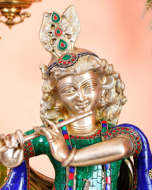 Pure Brass Superfine Krishna Statue with Peacock | Smiling Face | 27" advanced peacock Stonework - Budhshiv.com