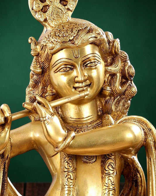 Pure Brass Superfine Krishna Statue with Peacock | Smiling Face | 27" - Budhshiv.com