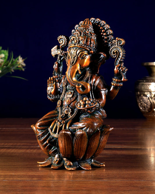 Pure Brass Superfine Lord Ganesha Idol | 6 inch brown tone - Budhshiv.com
