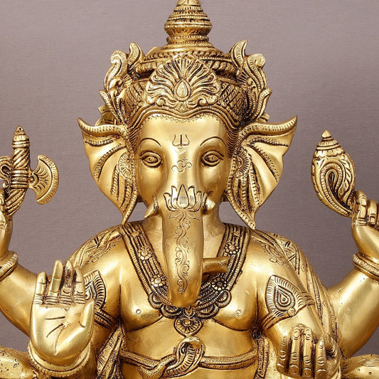 Pure Brass Superfine Lord Ganesha Seated on Throne Statue - 18" Majestic Idol - Budhshiv.com