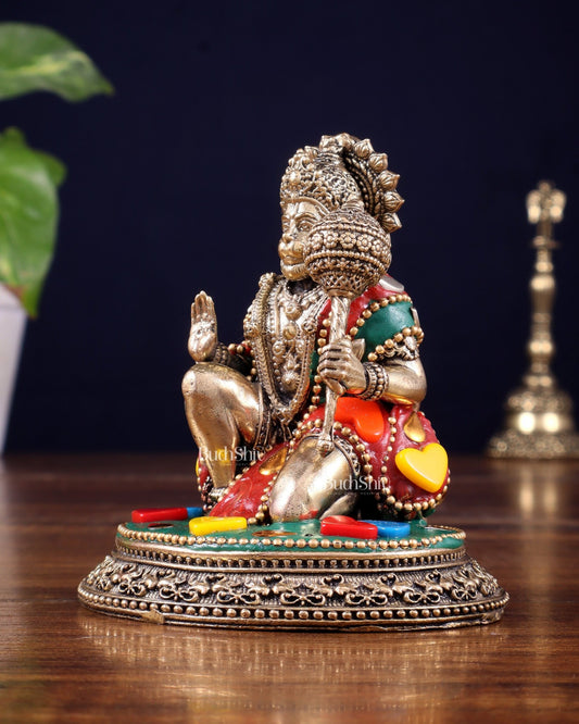 Pure Brass Superfine Lord Hanuman Idol - 3.5 inch with stonework - Budhshiv.com
