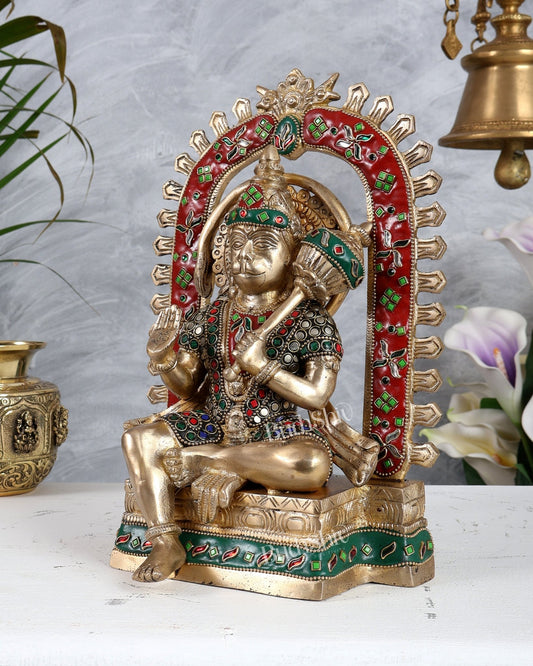 Pure Brass Superfine Lord Hanuman idol on throne with Prabhavali aura stonework - 11 inch - Budhshiv.com