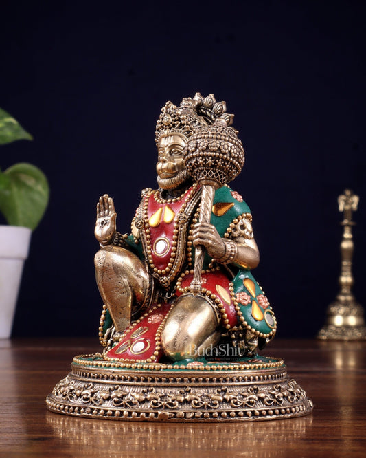 Pure Brass Superfine Lord Hanuman Idol with meenakari Stonework - 4.5 inch - Budhshiv.com