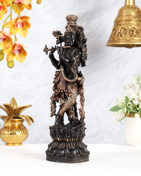 Pure Brass Superfine Lord Krishna Intricate Idol 12 inch black edition - Budhshiv.com