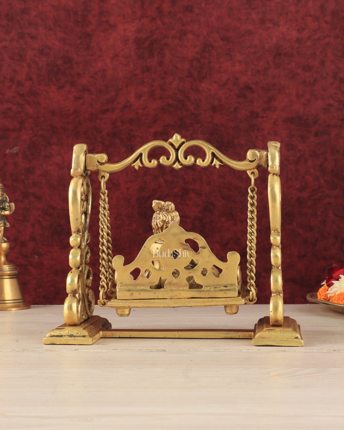 Pure Brass superfine Makhan Chor Bal Krishna on Swing Idol - 7" Height - Budhshiv.com