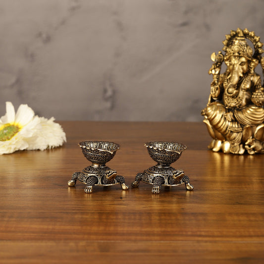 Pure Brass Superfine Miniature Vastu Tortoise/Turtle Oil Lamps Diya Pair - 2" - Budhshiv.com