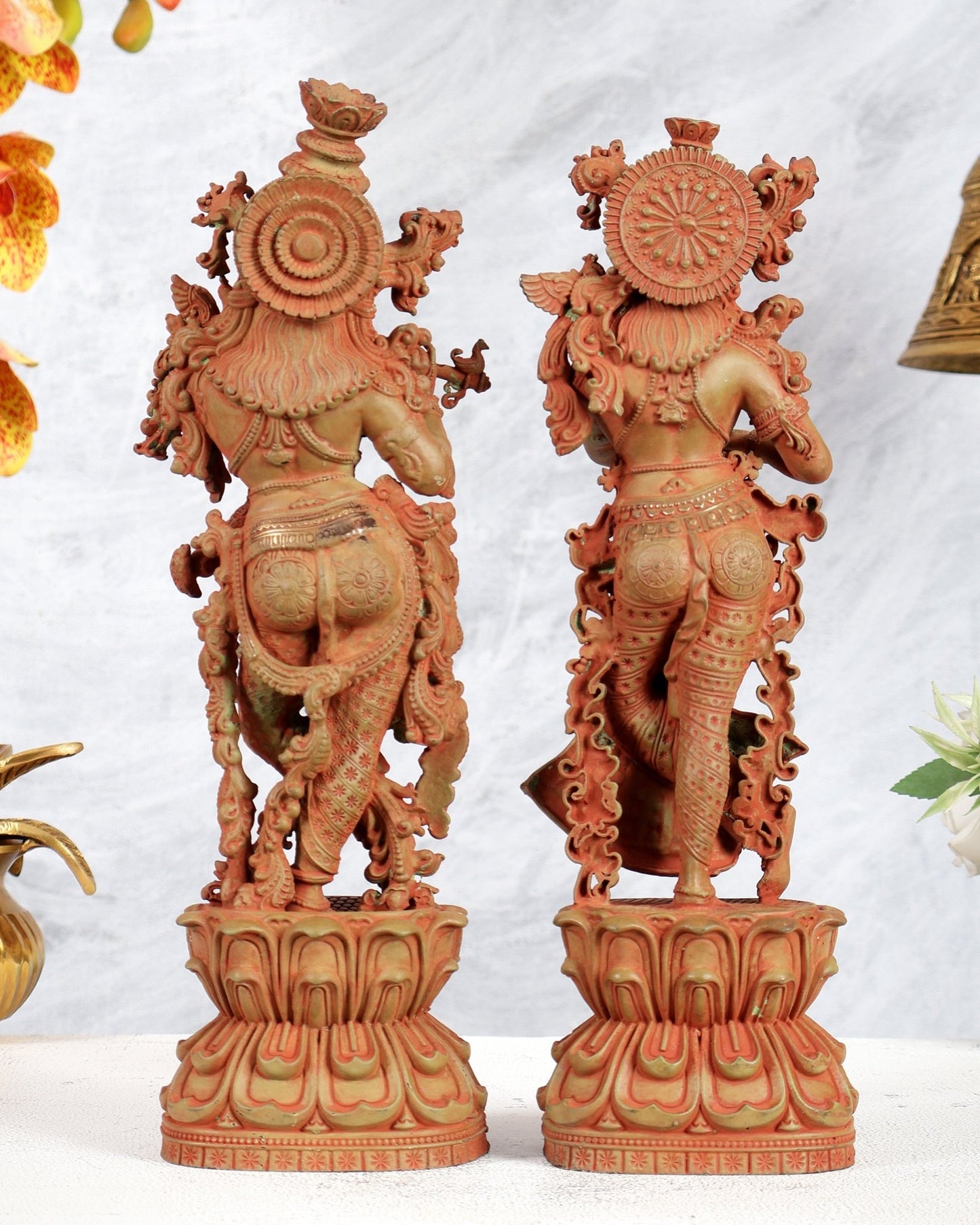 Pure Brass Superfine Radha Krishna Intricate Idol 12" Green sand patina - Budhshiv.com