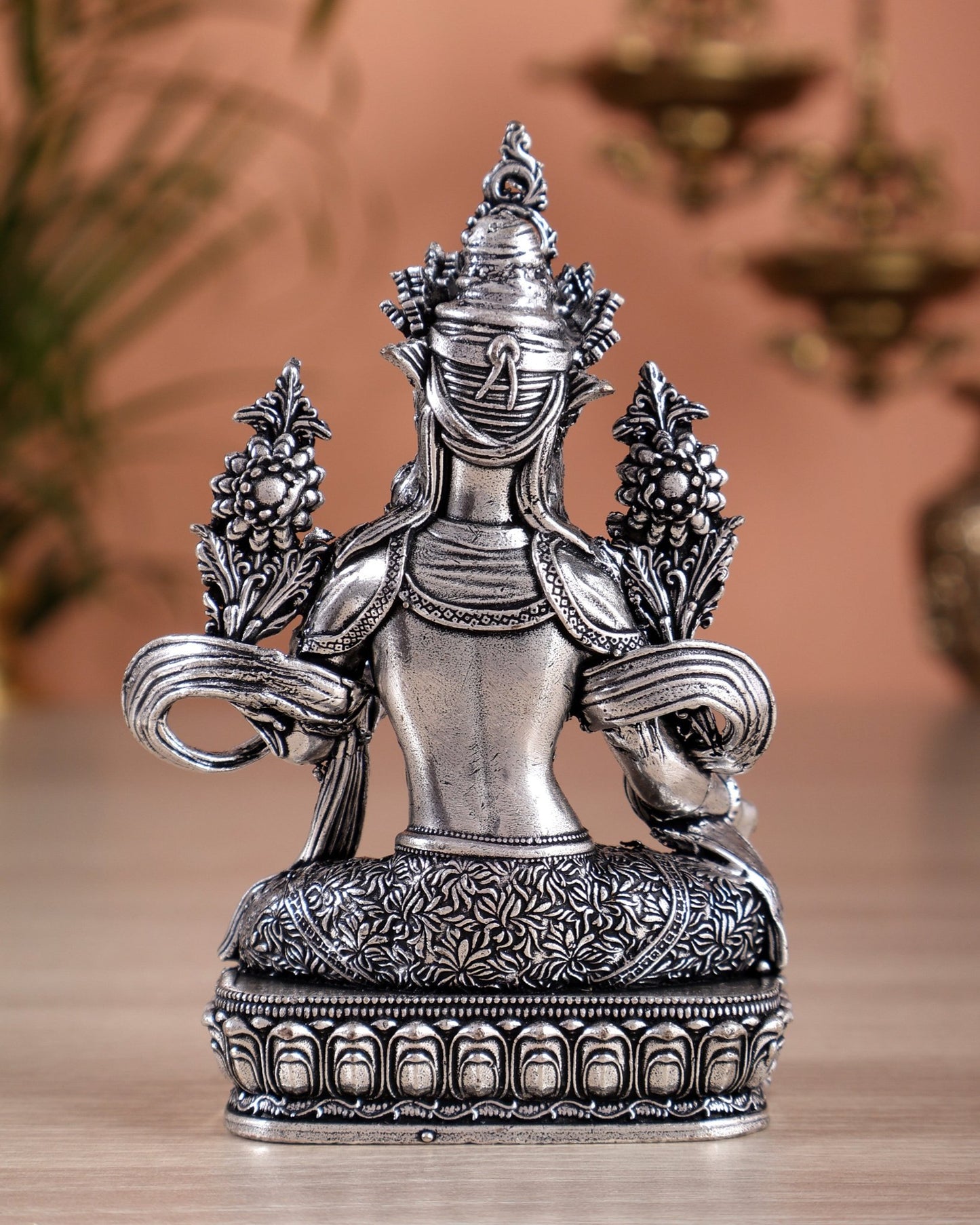 Pure Brass Superfine Tibetan Green Tara Idol 4.5" silver plated - Budhshiv.com