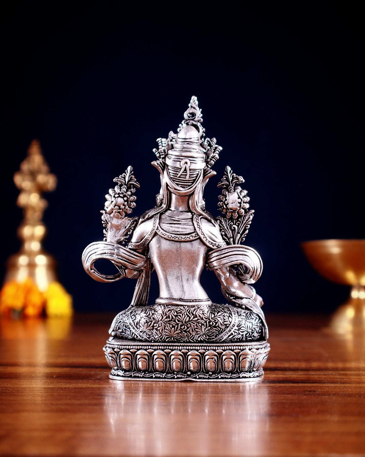 Pure Brass Superfine Tibetan Green Tara Idol 4.5" silver plated - Budhshiv.com