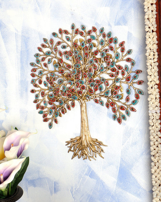 Pure Brass Superfine Wall Hanging Kalpavriksha Bodhi Tree with Roots & Meenakari Stonework 20 inch - Budhshiv.com