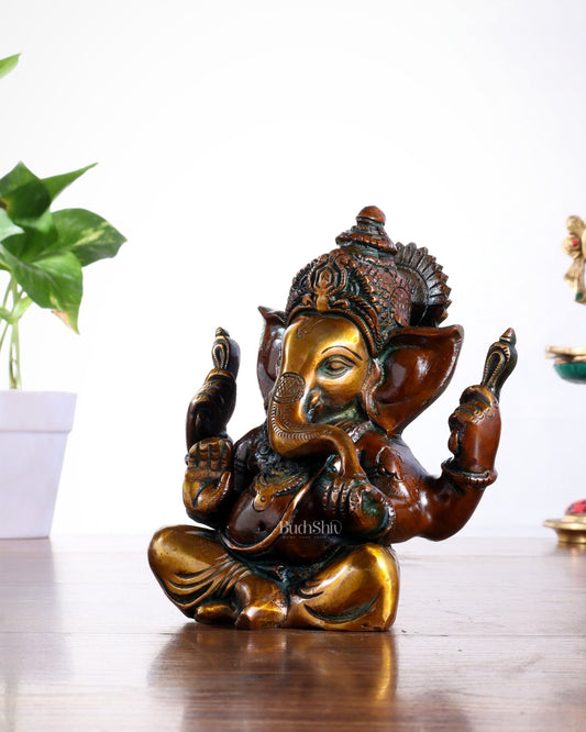 Pure brass Taj Ganesha Brass Statue with Vintage tone 6" - Budhshiv.com