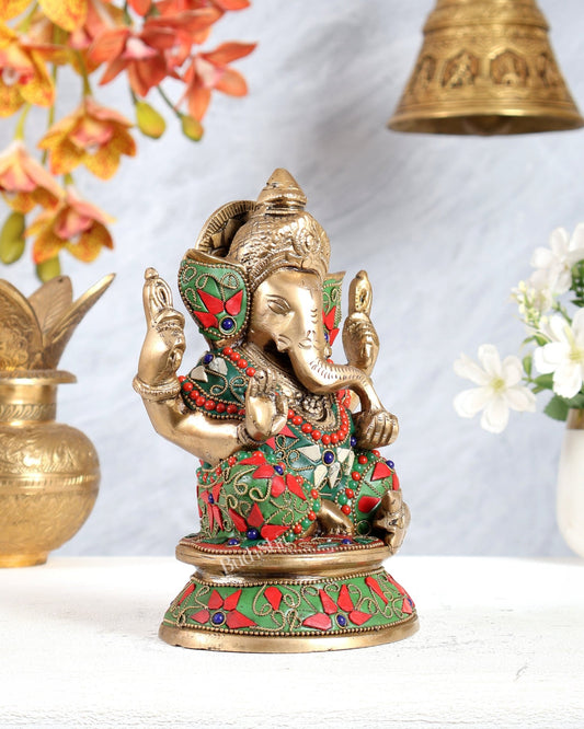 Pure Brass Taj Ganesha Statue with Round Base 7" with stonework - Budhshiv.com