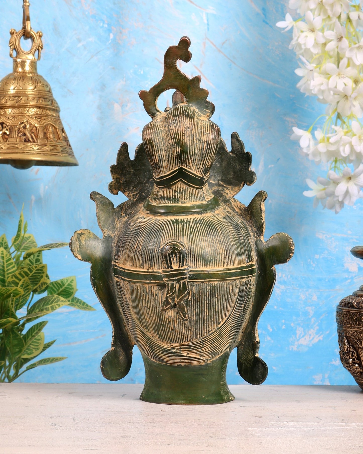 Pure Brass Tara Face Bust Statue – Vintage Green 12" - Budhshiv.com